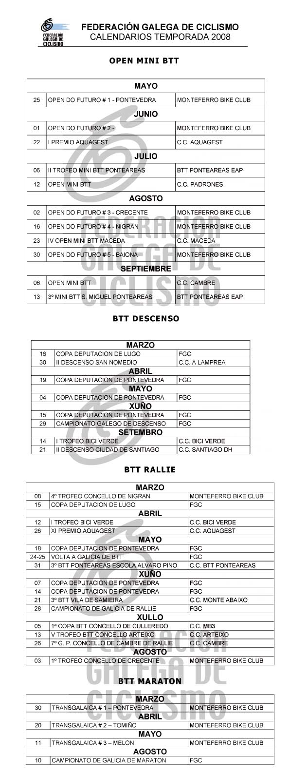 Calendario BTT